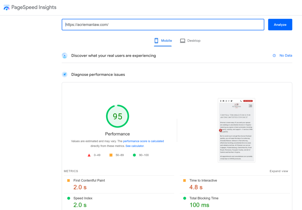 google pagespeed test green