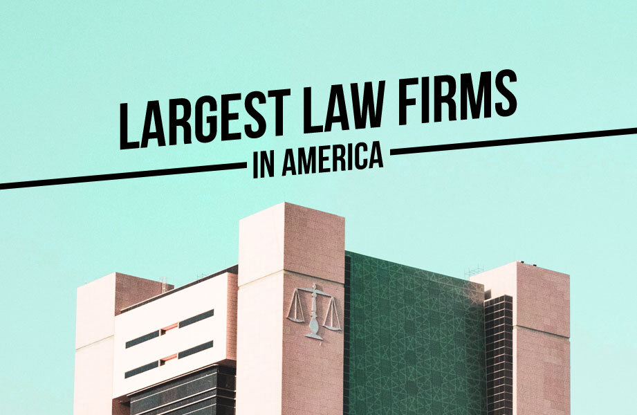 Graphic of a Law Firm Building on Green Background with Black Largest Law Firms in America Text