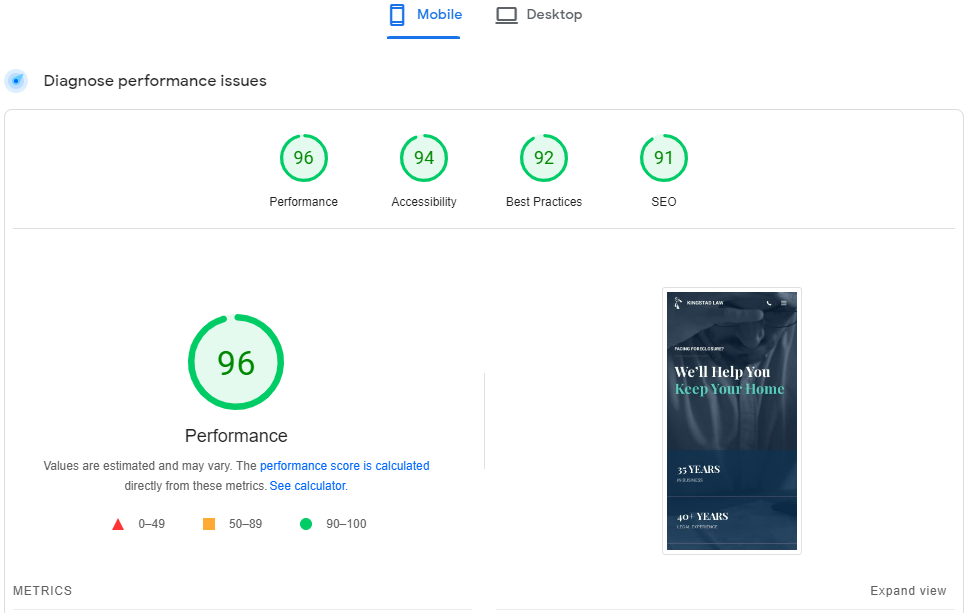 Kingstad Law site speed score