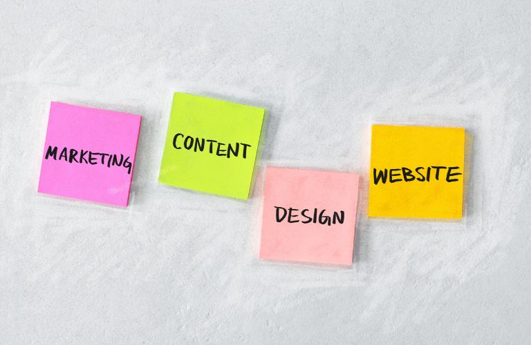 Colorful Marketing, Content, Design and Website Sticky Notes on a White Background