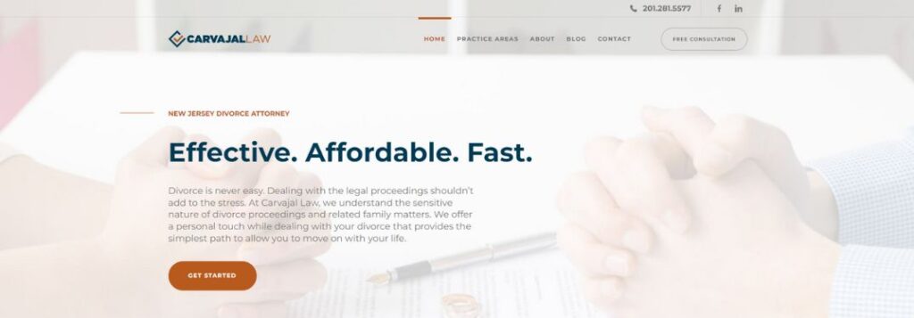 Carvajal Law Homepage with People at a Table and Text