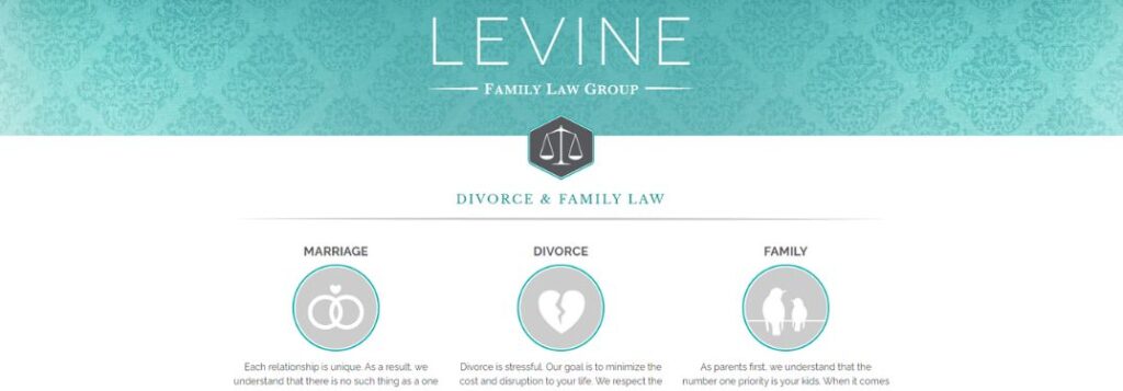 Teal Background with White Levine Family Law Group Text and Practice Area Icons with Text
