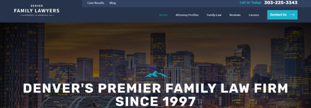 Denver Skyline with Blue Border and White Text of Denver Family Lawyers Homepage