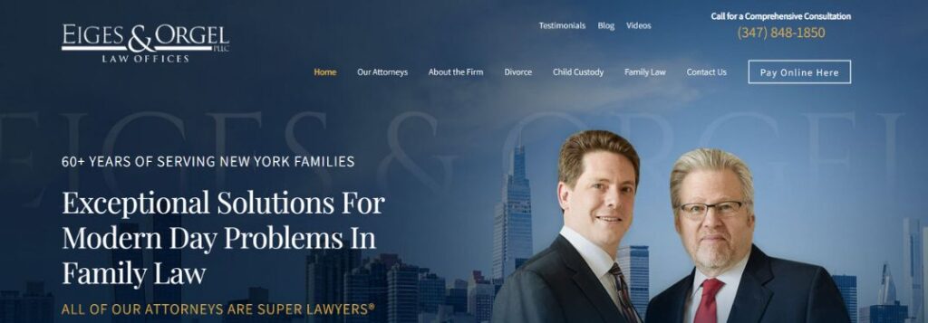 Attorneys in Front of New York Skyline for Eiges and Orgel Family Law Homepage