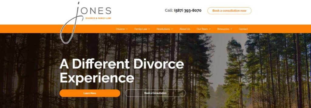 Landscape with Orange Menu and White Text on Jones Divorce and Family Law Homepage