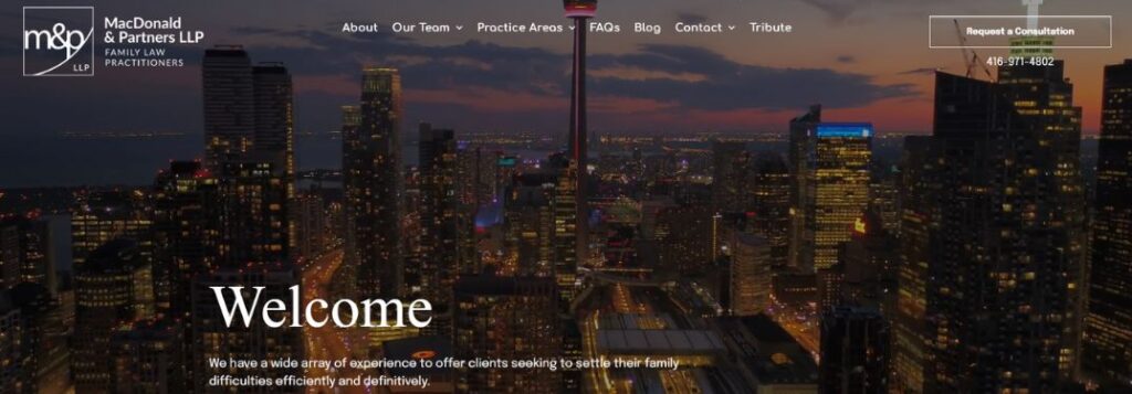 City Skyline at Night with White Text of MacDonald and Partners LLP Homepage