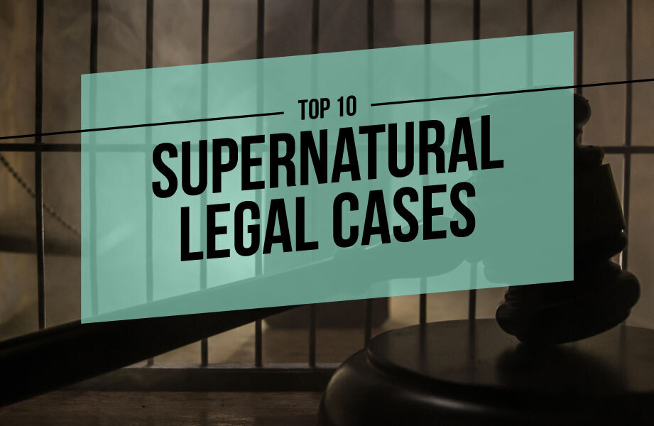 Jailhouse Bars in Background with Darkened Gavel and Mint Green Square with Black Top 10 Supernatural Legal Cases Text