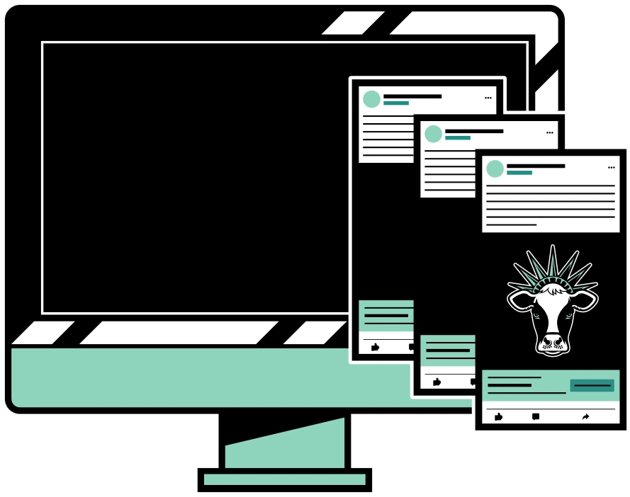 Stylized illustration of a desktop monitor displaying overlapping social media posts, including one with a cow head logo featuring a crown of liberty spikes.