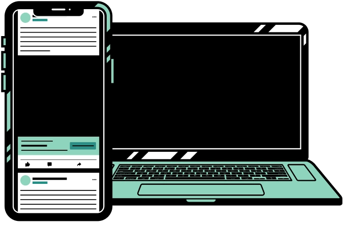 Illustration of a smartphone and laptop side by side, both displaying social media interfaces with like, comment, and share icons.