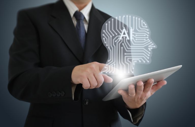 Man Holding Tablet with AI Brain Graphic