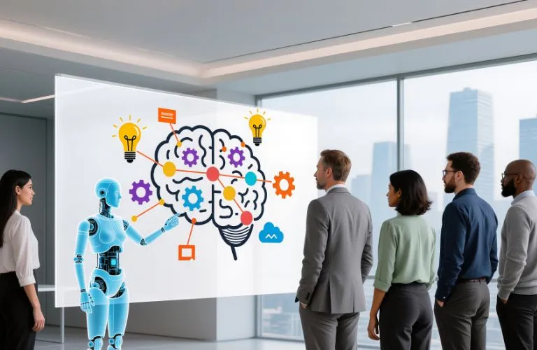 People Looking at Presentation by AI Robot