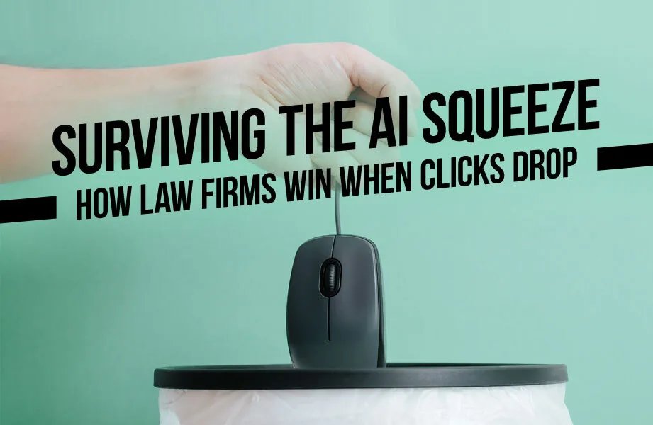 Green Background with Person Dropping a Mouse in the Garbage and Black Surviving the AI Squeeze: How Law Firms Win When Clicks Drop Text