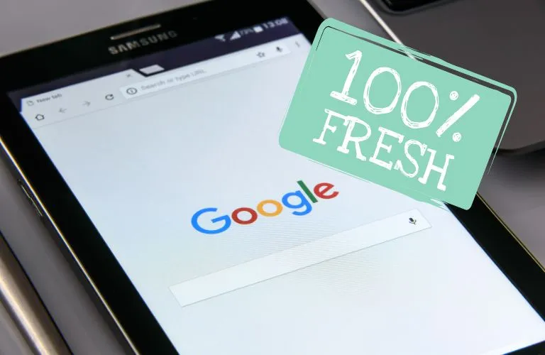 Google Search Bar on Tablet with Mint Green 100% Fresh Graphic