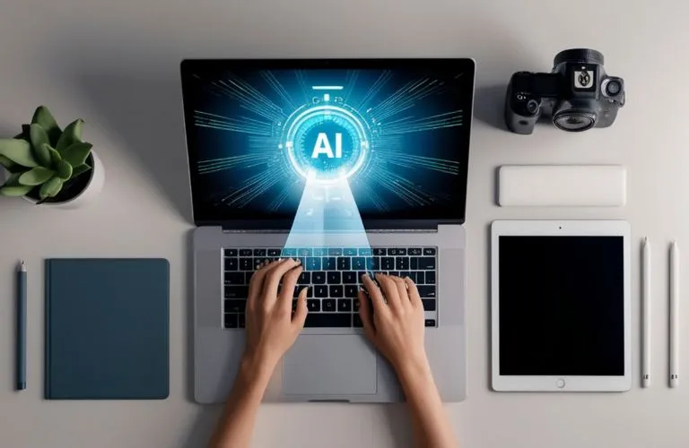 Person Working on Laptop with Blue AI Graphic