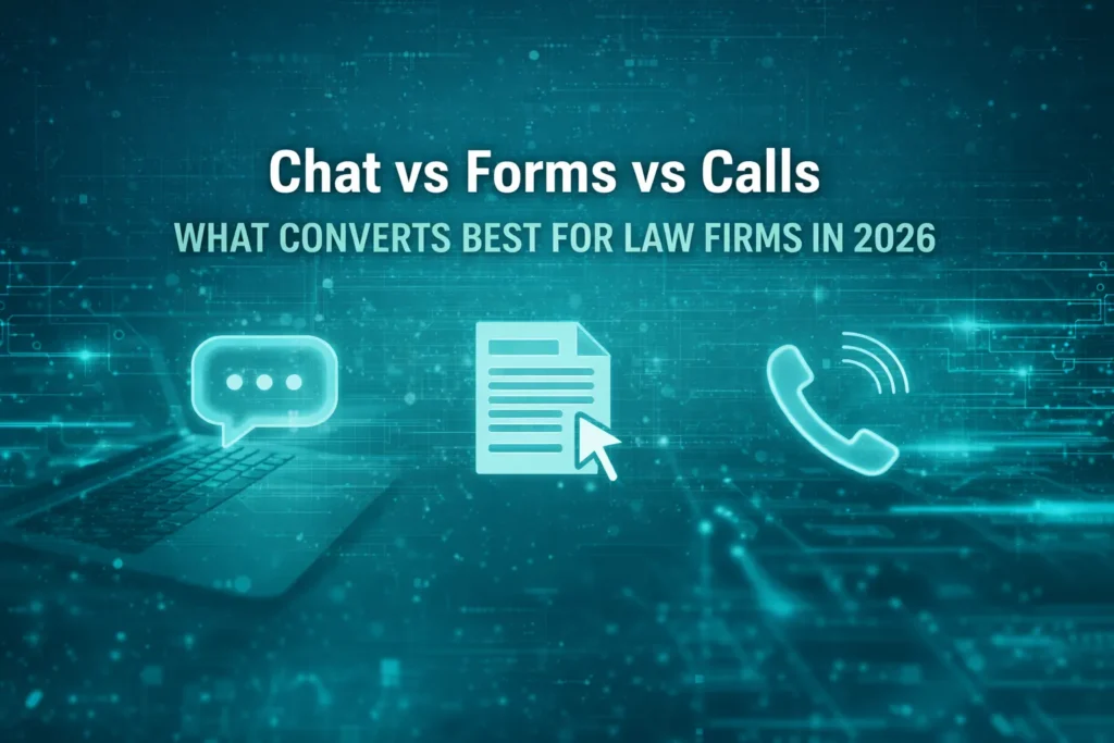 Green Computer Graphic with Chat Bubble, Document, and Phone with Chat vs Forms vs Calls: What Converts Best for Law Firms in 2026 Text