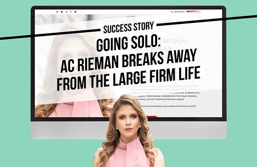 Woman in pink blouse in front of computer screen displaying article titled "Going Solo: AC Rieman Breaks Away from the Large Firm Life.