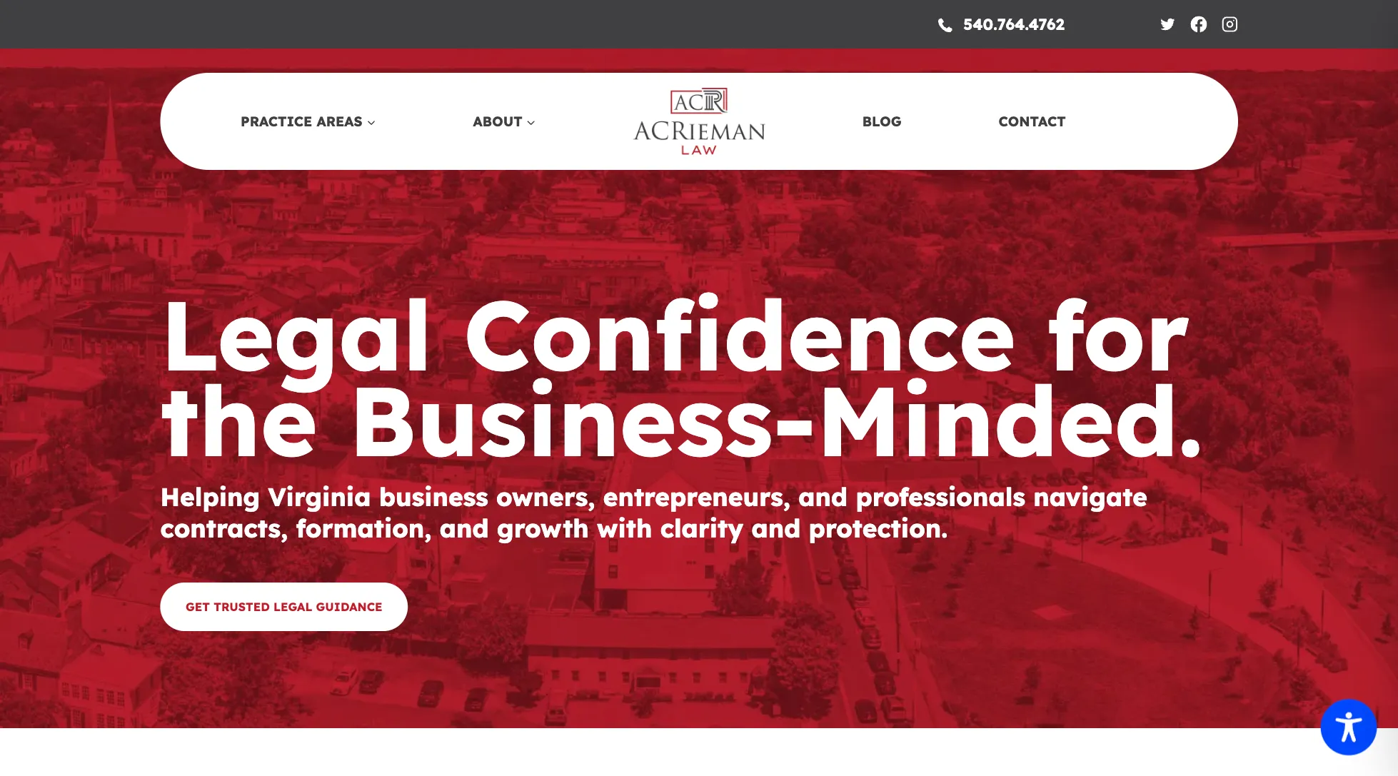 Website header for Acrieman Law with red overlay, navigation menu, and white bold text on legal services.