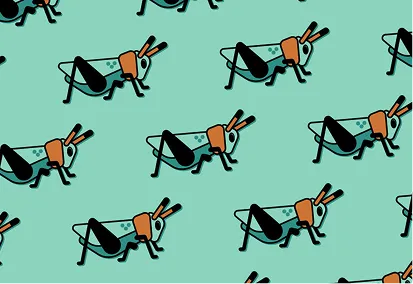 Seamless pattern of illustrated black and orange ants on a teal background.