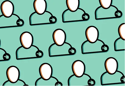 Abstract illustration of faceless human figures with teal background and black outlines.