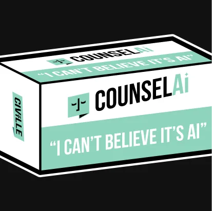 Box with black, white, and teal colors displaying "COUNSELAi" and text "I CAN'T BELIEVE IT'S AI
