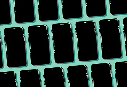 Array of black smartphones with blank screens on a light blue background.