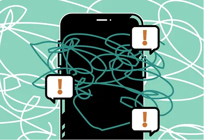 Illustration of a black smartphone with tangled lines and three exclamation mark notifications on a teal background.