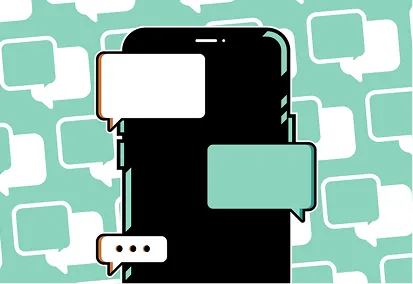 Illustration of a black smartphone with white and green chat bubbles on a teal background.