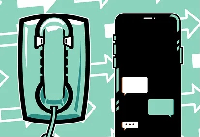 Illustration of a traditional telephone handset and a smartphone with text message bubbles.