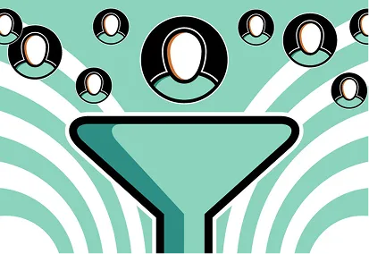 Illustration of multiple user icons funneling into a large teal funnel with concentric circles background.