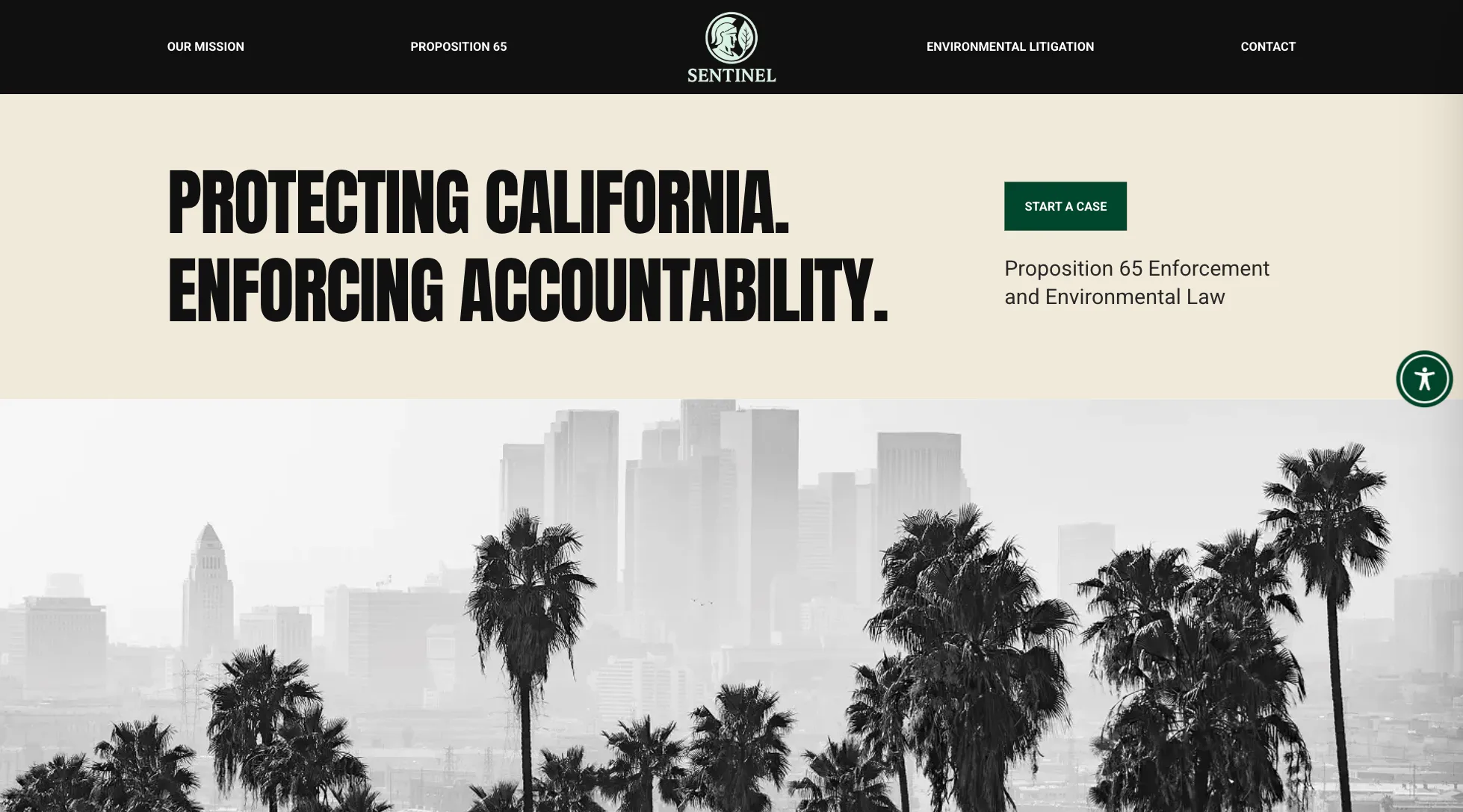 Website header with text "Protecting California. Enforcing Accountability." and black-and-white Los Angeles skyline with palm trees.