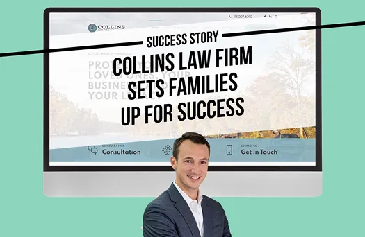Computer screen displaying Collins Law Firm website with smiling businessman in front.
