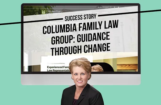 Professional woman with short blonde hair in black blazer, computer screen with Columbia Family Law Group website in background.
