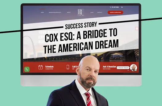 Computer screen displaying "Cox Esq: A Bridge to the American Dream" website with a professionally dressed bald man in foreground.