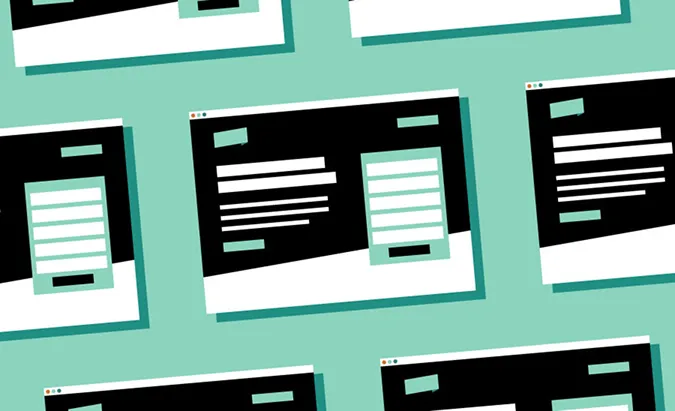 Multiple stylized web browser windows with black and white content on a teal background.