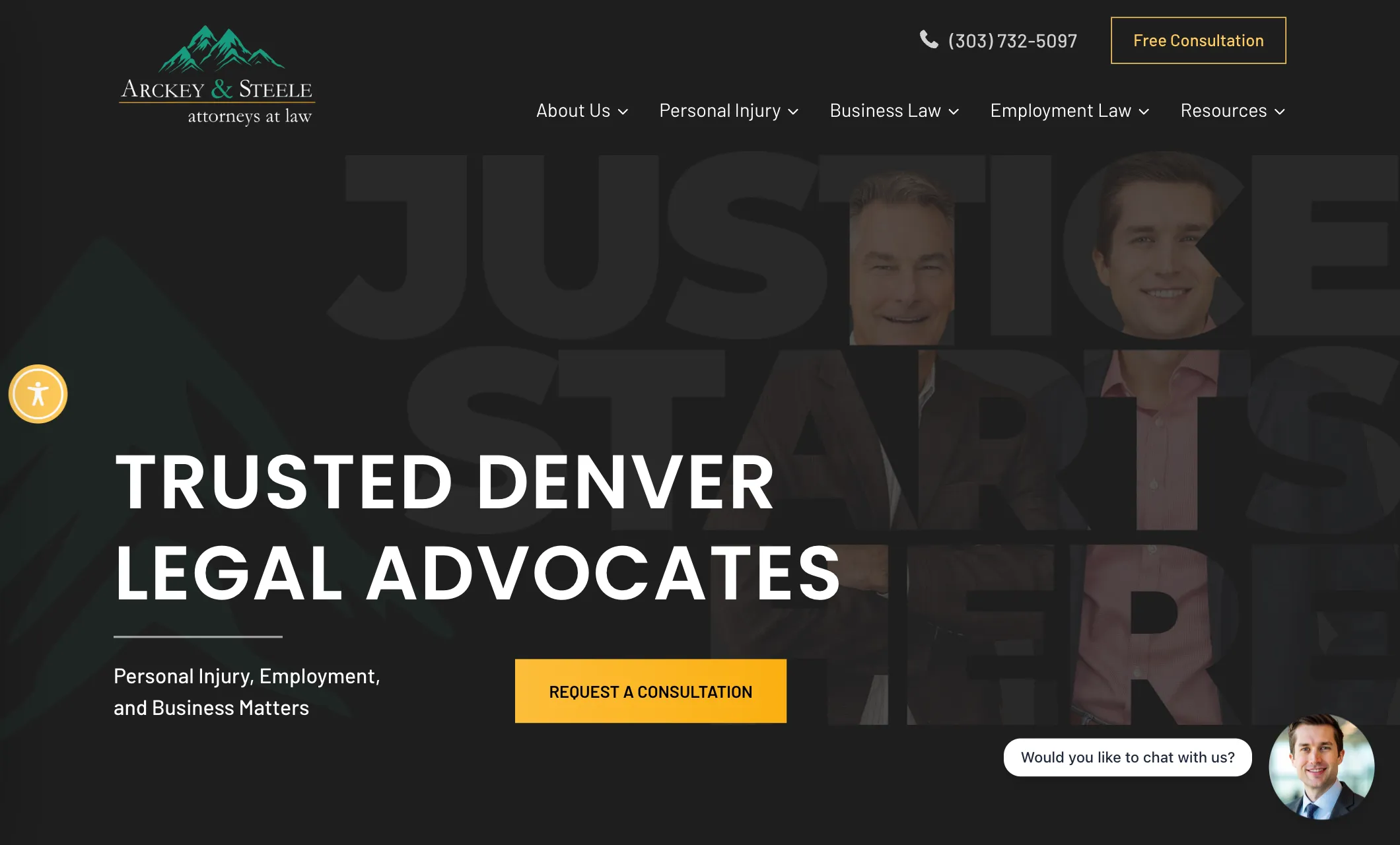 Website header for Arckey & Steele law firm with contact number, navigation menu, and consultation button.