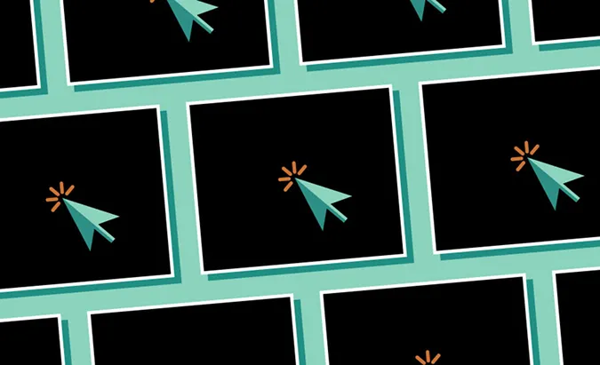 Multiple black screens with teal computer cursor icons and orange click indicators on a teal background.