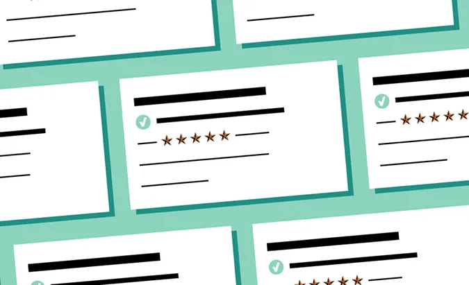 Illustration of multiple five-star review cards with text and checkmark icons on a teal background.