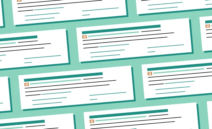 Illustration of multiple white online advertisement banners with black and teal text on a teal background.