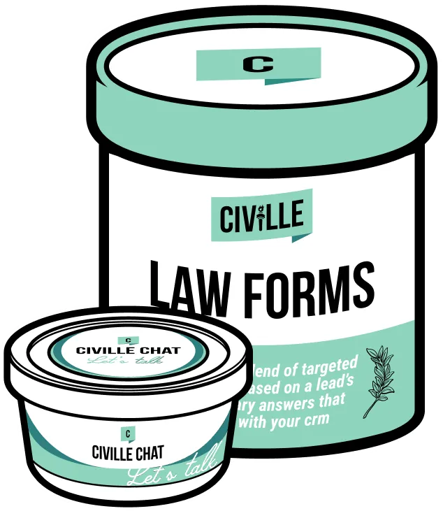 Illustration of two containers labeled "CIVILLE LAW FORMS" and "CIVILLE CHAT Let's talk" with teal and white color scheme.