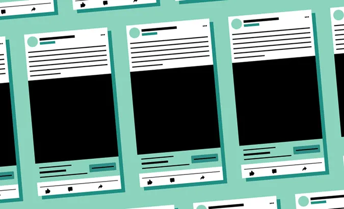 Illustration of multiple social media posts with text, images, and interaction icons on a teal background.