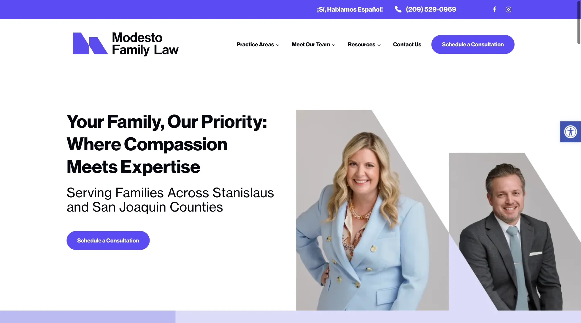 Website header for Modesto Family Law featuring a smiling woman in a light blue suit and a man in a gray suit, with text about family law services.
