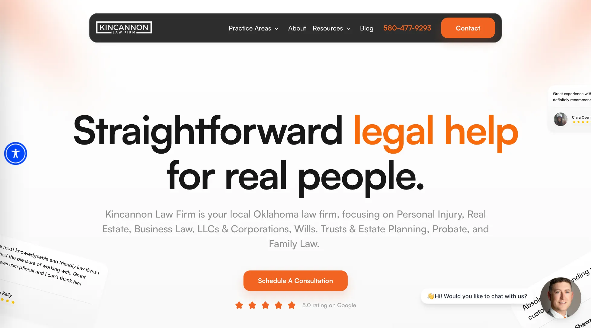 Website header of Kincannon Law Firm with bold text "Straightforward legal help for real people" and contact information.