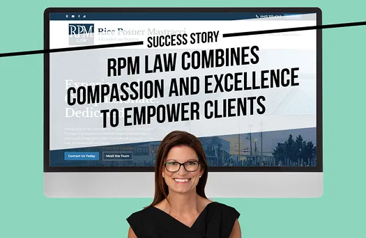 Woman with glasses smiling in front of computer screen displaying RPM Law success story text.