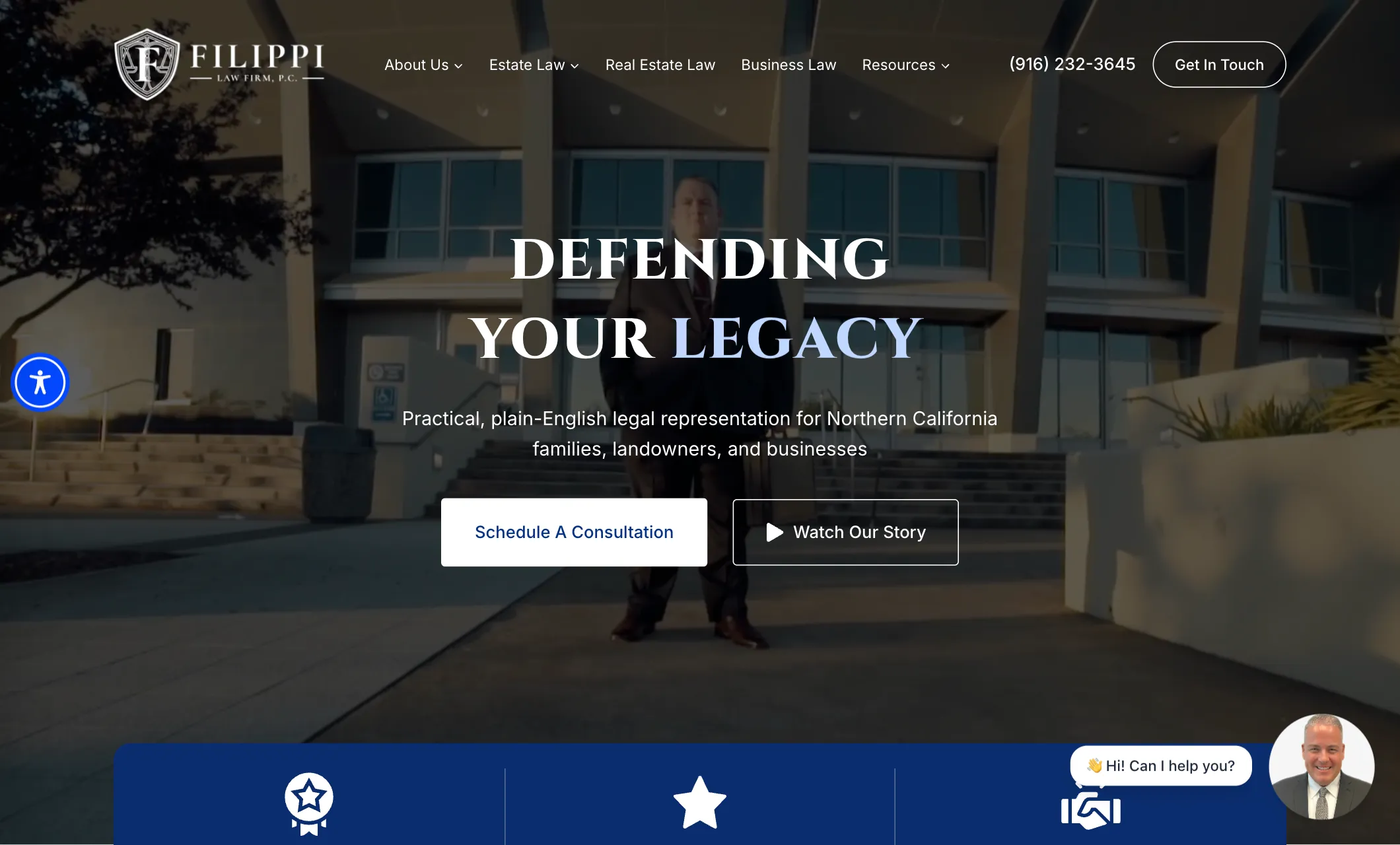 Homepage of Filippi Law Firm website featuring a man in a suit standing outside a modern building.