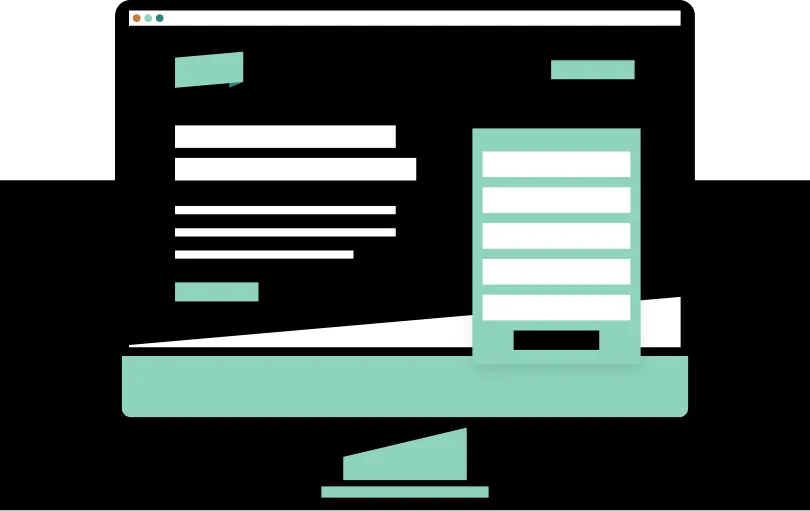 Illustration of a computer monitor displaying a teal and white webpage with text blocks and a form on a black background.
