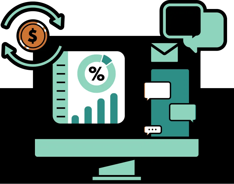 Illustration of financial report, dollar coin with arrows, email envelope, and chat bubbles on black background.