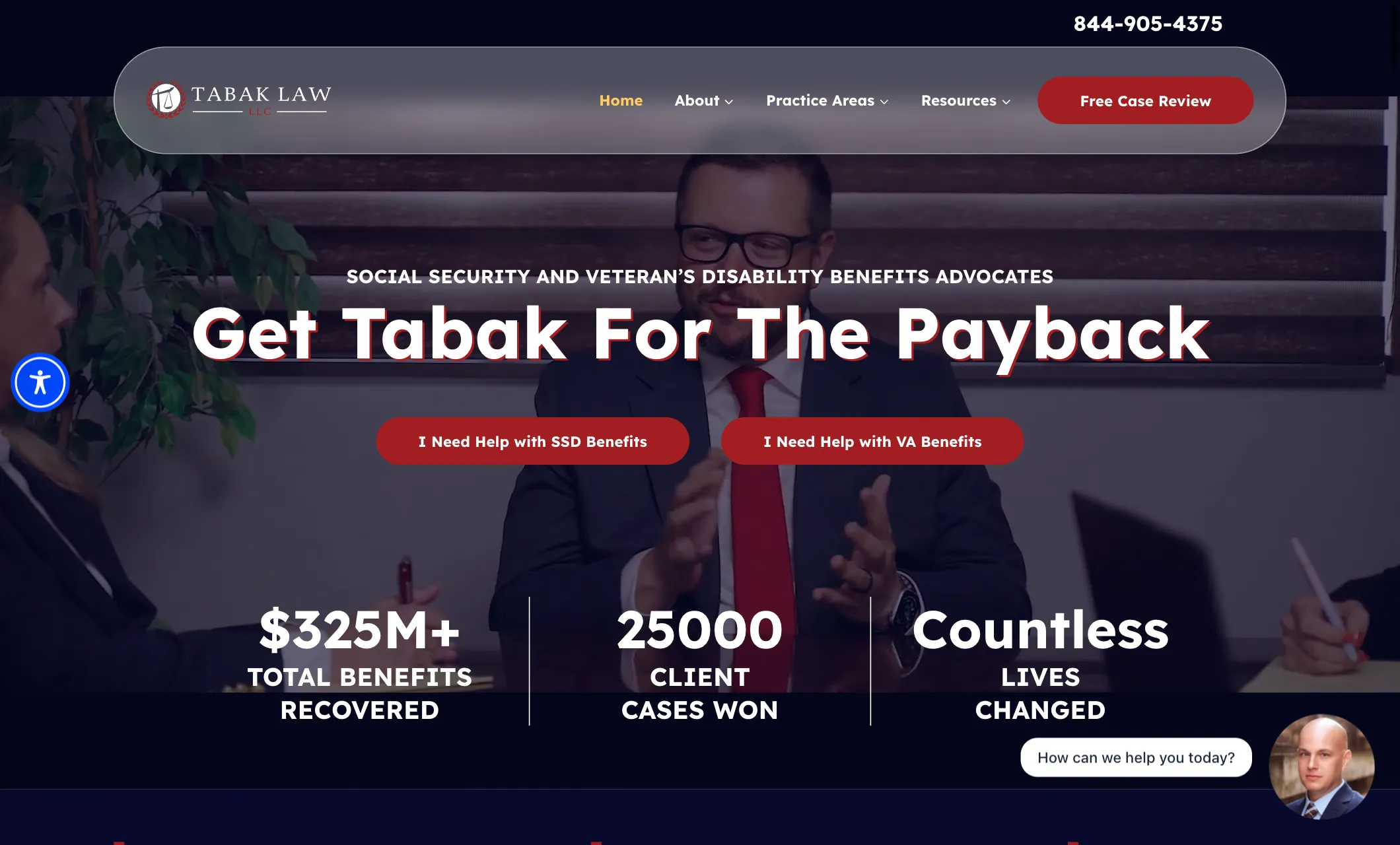 Website header for Tabak Law LLC showing two professionals in discussion, with contact number and service highlights.