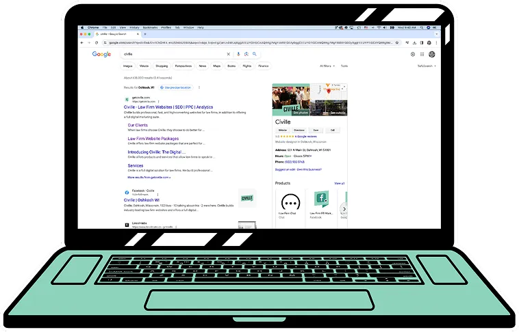Illustration of a laptop displaying a Google search results page for "Cville.