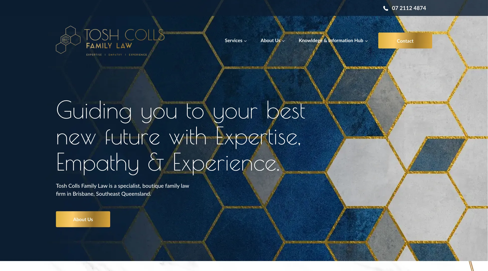 Website header for Tosh Colls Family Law with gold and blue hexagonal pattern background and contact details.