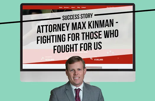 Professional portrait of a man in a suit in front of a computer screen with legal success story text.